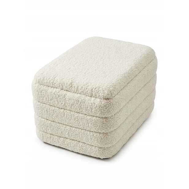 Taburet čalouněný boucle krémově bílou béžovou barvou 43x37x33 cm, otevírací, beránek