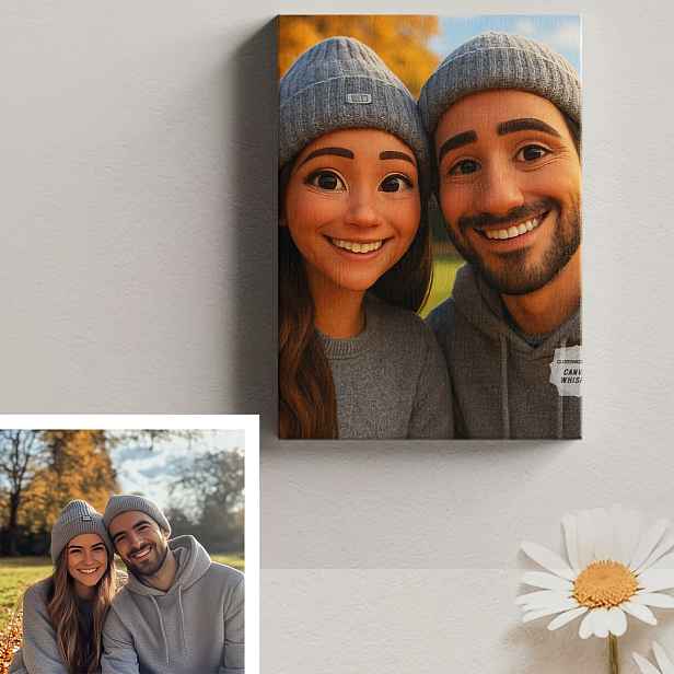 TEMU Personalizované rodinné fotografie v animovaném stylu - 2D plochý plakát na plátně, rámeček není součástí, přizpůsobitelný s vašimi fotkami pro