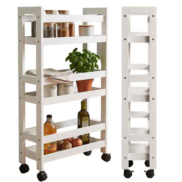Úzký Koupelnový Regál Na Kolečkách Z Bambusu 38X15X76 CM, Bílý, 3 Police