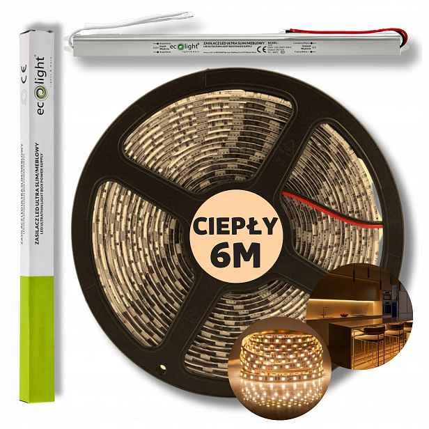 Set 6 m Led pásek Smd bílý teplý s napájecím zdrojem 12 V