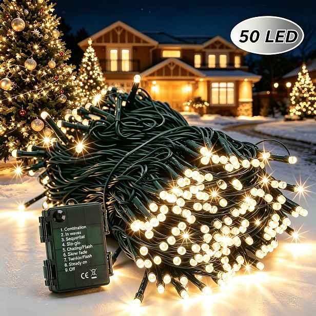 TEMU 1 ks Vánoční světlomety na baterie, tmavě zelené, teplá pohádková světelná girlanda, 50/100/200 ks LED elfích světelných řetězů, 8 režimů