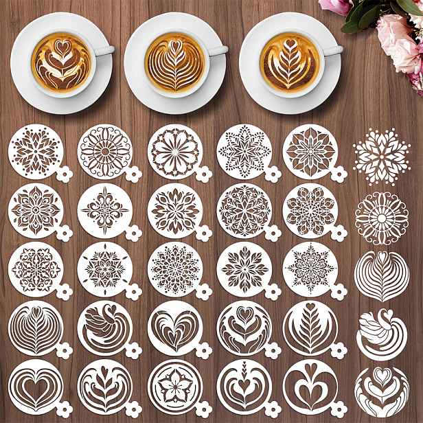 TEMU Sada 25 ks šablon pro latte art, 10x9 cm kulaté šablony na kávu s rukojetí, opakovaně použitelné malířské šablony s vzory listu, srdce, sněhové