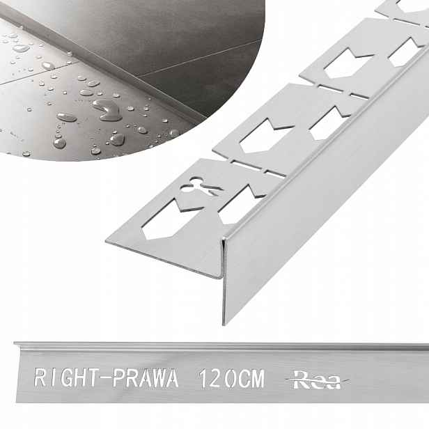 Spádová lišta do sprchové vaničky 120CM Nikl Kartáčovaná Inox Pravá Rea