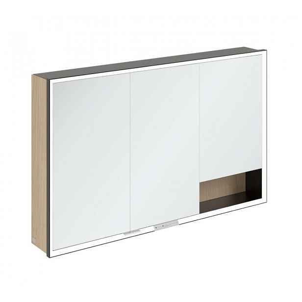 Villeroy & Boch My View+ - Zrcadlová skříňka s LED osvětlením 120x75x17 cm, 3 dvířka, Nordic Oak/matná černá B48112VJ