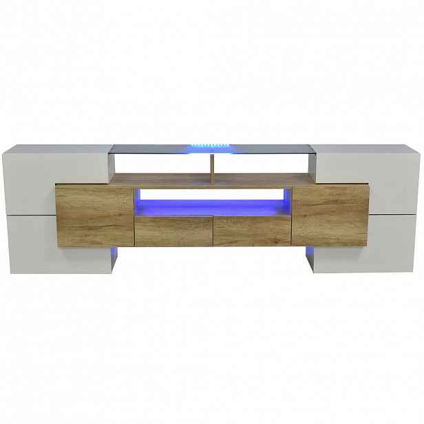 OKWISH TV stolek 200/35/60 cm bílá a přírodní z MDF s LED osvětlením a úložným prostorem