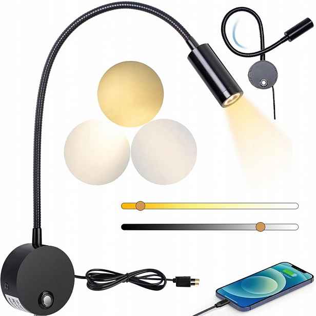 Nastavitelné Nástěnné Svítidlo Noční Lampa Ohebné Rameno Černé Nad Postel Odolné