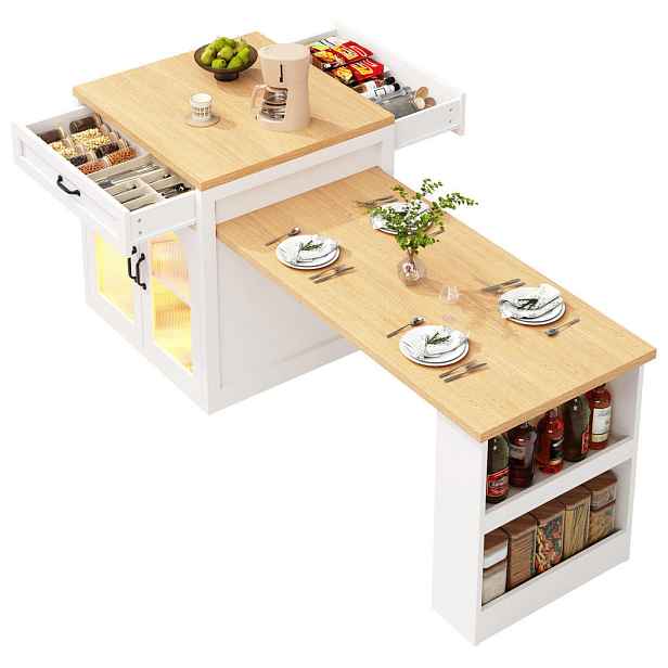 Modenvie BUFFET ostrov z MDF, 126–196/59/94 cm bílý, s výsuvnou deskou a RGB LED