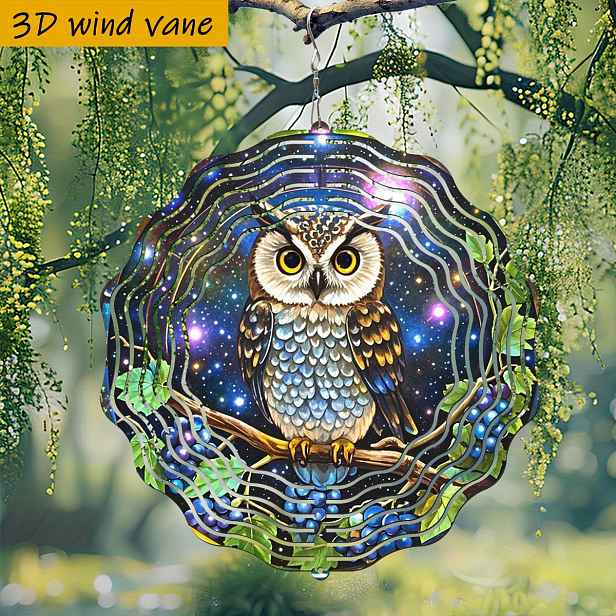 TEMU 3D Soví na Hvězdné Větvě Kovová Větrná Zvonkohra - 10"x10" Dvojstranný Otočný Hák, 360° Kreativní Design, Železný Materiál, Ideální pro Zahradu,