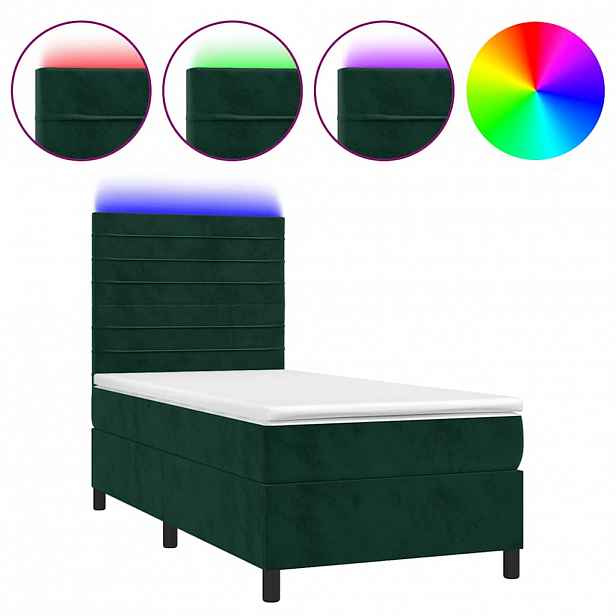 vidaXL Box spring postel s matrací a LED tmavě zelená 90x190 cm samet