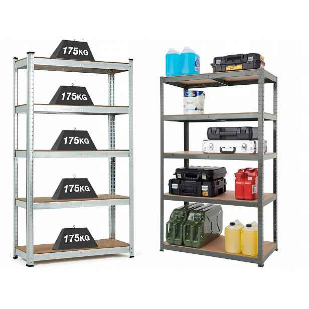 Dílenský kovový skladový regál, silný, 5x175 kg, 220x100x45, prostorný