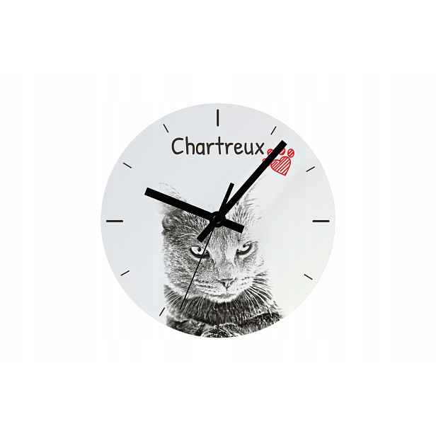 Kočka Chartreux hodiny s kočkou, závěsné a stojící, personalizace fotografií