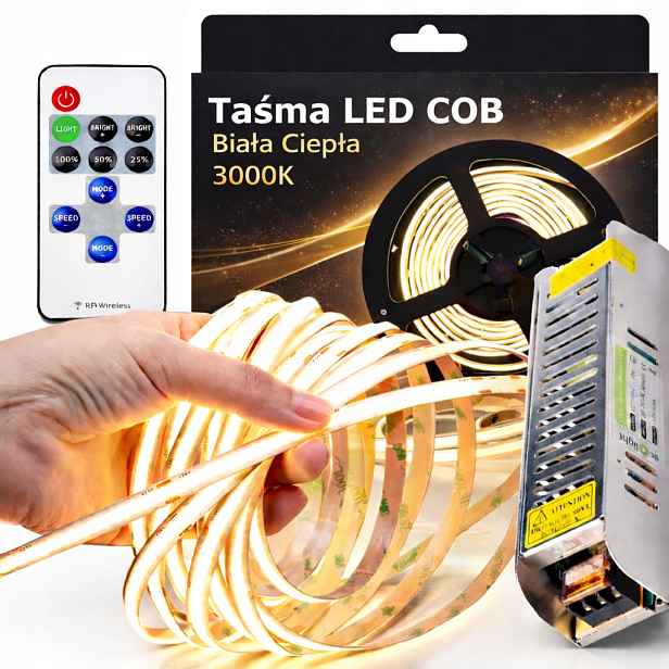 Sada Led pásků Neon Cob 5m 3000K Bílá Teplá Napájecí Zdroj 60W Dálkový Ovladač