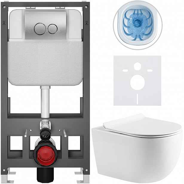 Kompletní WC set Basic/Felci - bílá lesklá - WC tlačítko Dualo/Stříbrná - volně stojící - předstěnová instalace - 53x37 cm