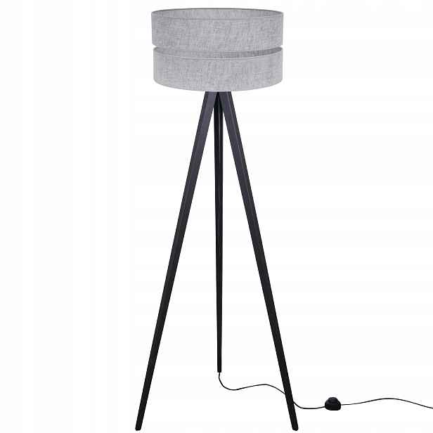 Stojací lampa na podlahu, černá, trojnožka s šedým boho stínítkem do ložnice