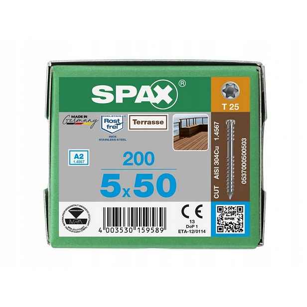 Spax Terasové vruty nerezové 5x50mm 200ks Stříbro-Inox