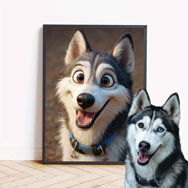 TEMU 2D plochý, 2D plochý, Personalizovaný anime styl foto plakát, Vlastní karikatura portrétu mazlíčka, Přeměňte fotku svého psa na dílo umění,