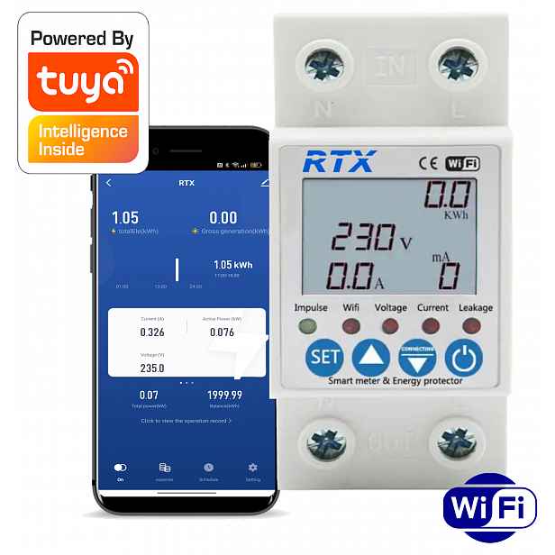 Rtx Měřič energie proudu Měří Watty Měření do 63A Tuya WiFi Din