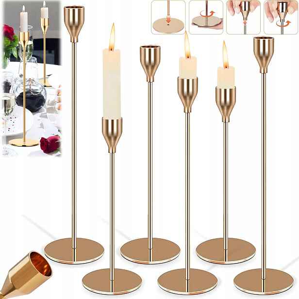 Kovové Svícny Glamour Elegantní Dekorativní Na Stůl 6 X Zlatá Sada