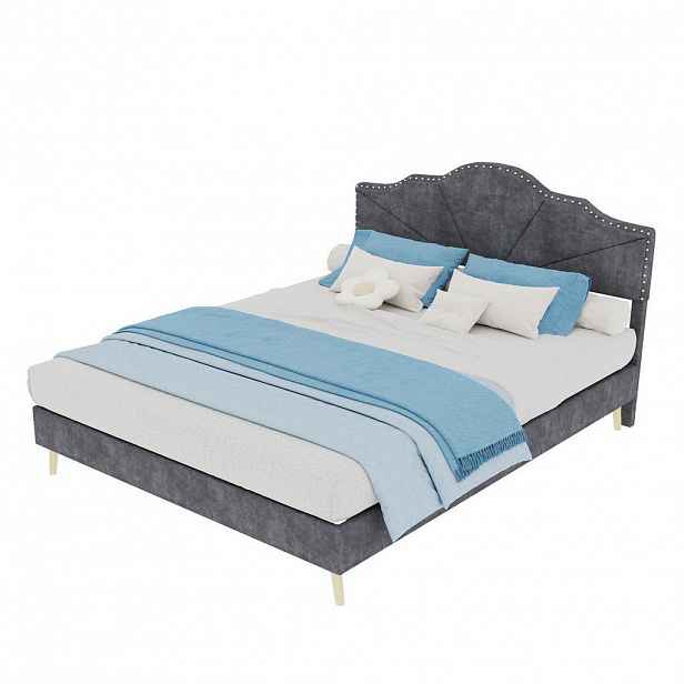 OKWISH ČALOUNĚNÁ postel 140/200 cm šedá z látky a kovu s geometrickým čelem a lamelovým roštem
