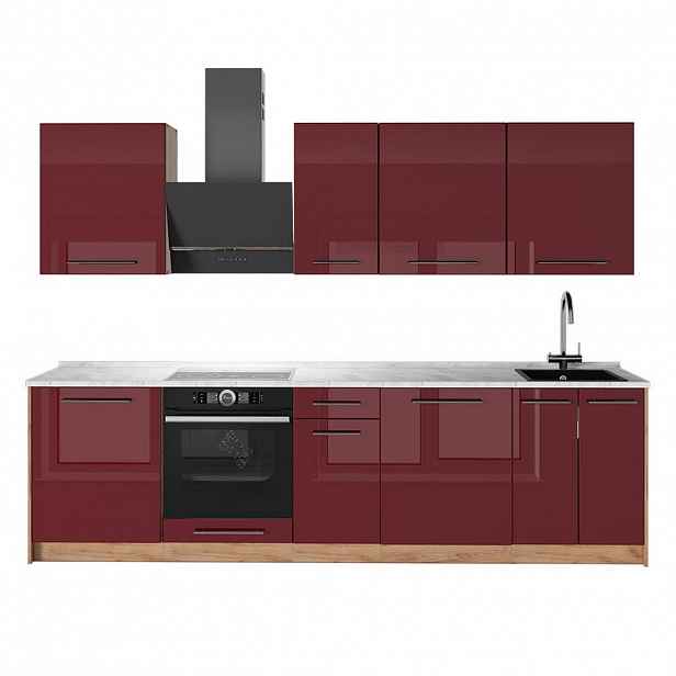 Vicco KUCHYŇSKÝ KOUT Fame-Line, Bordó červená vysoký lesk/Zlatý mocný dub, 280 cm, PD Mramor