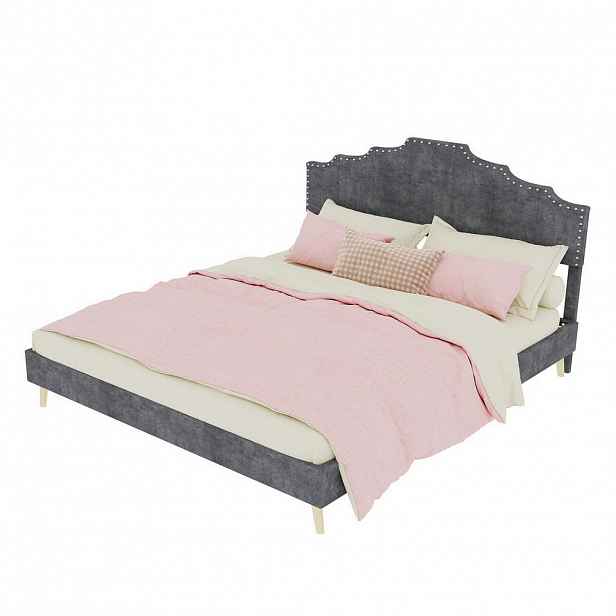 OKWISH ČALOUNĚNÁ postel 160/200 cm šedá z tkaniny a kovu s geometrickým čelem a úložným boxem