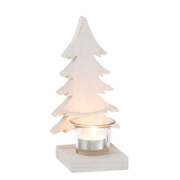 Bílý svícen s dřevěným stromkem Tree White - 10*9*20 cm J-Line by Jolipa