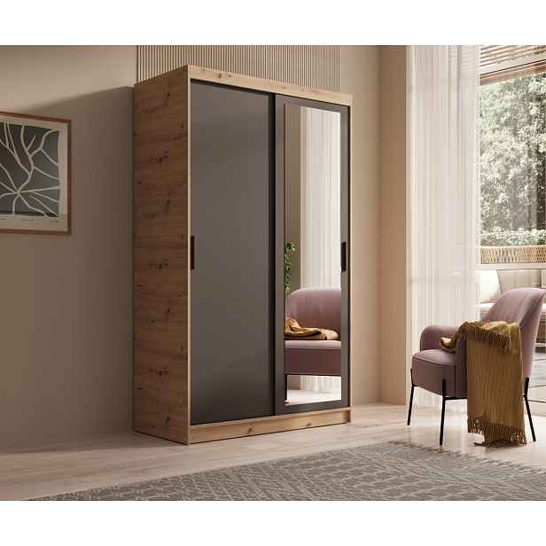Skříň se zrcadlem a posuvnými dveřmi 120 cm DERLIA - dub artisan / černá