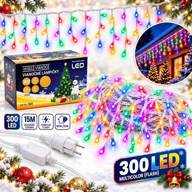 Lampičky rampouchy venkovní 300 Led 15 m multicolor Flash kombinované IP44