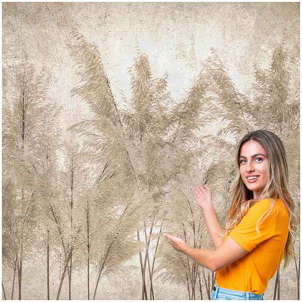 Fototapeta 3D Obývací Pokoj Ložnice Boho Tráva Listy Beton Loft 588x260 BKLB05W