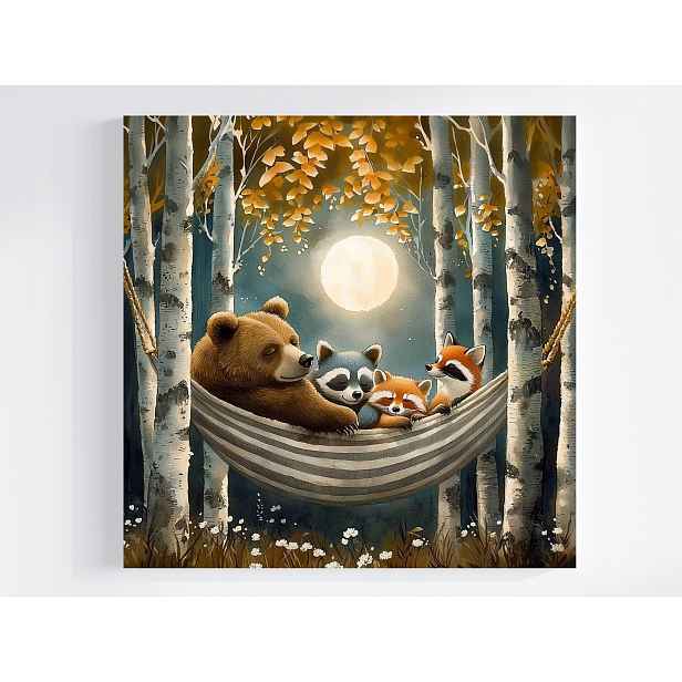 Obraz Na Plátně Canvas Noc Měsíc Sen Zvířata Houpací Síť Medvídek Mýval Liška 50x50