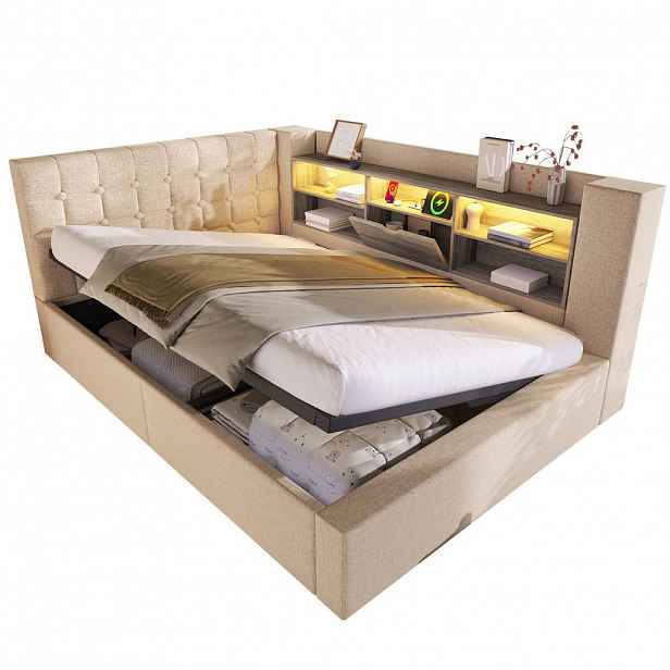 OKWISH ČALOUNĚNÁ postel 140x190 cm béžová z lnu, kovu a dřeva s LED osvětlením a úložným prostorem