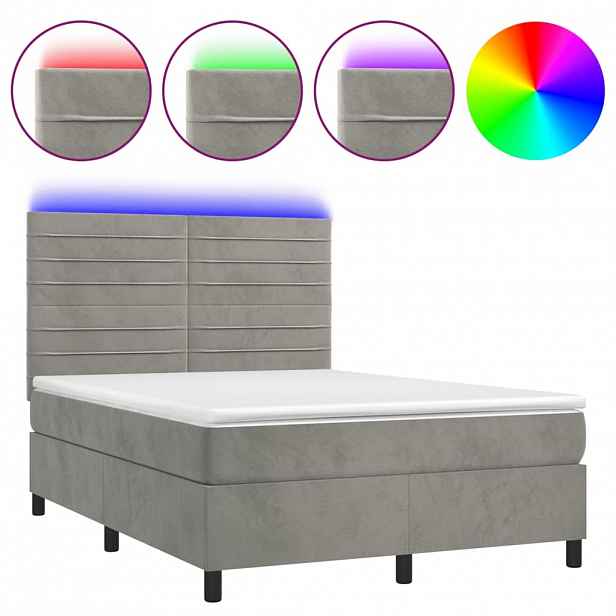 vidaXL Box spring postel s matrací a LED světle šedá 140x190 cm samet