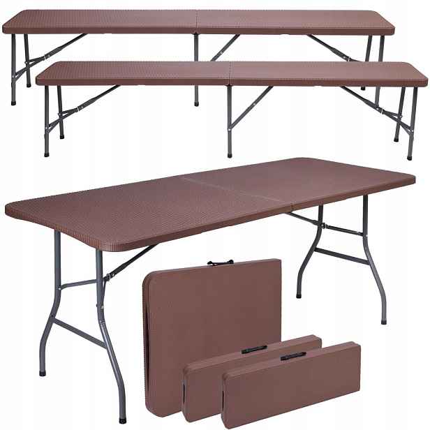 Cateringový set Rattan hnědý stůl 180 cm 2 lavice
