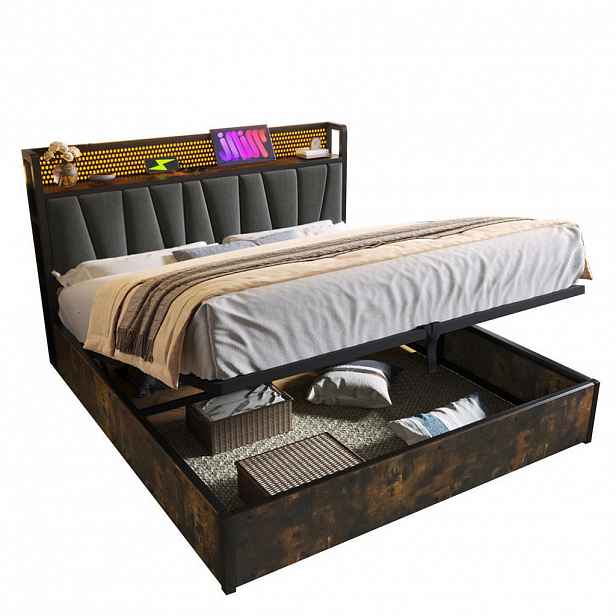 OKWISH POLSTROVANÁ postel 180x200 cm šedá z lnu, dřeva a kovu s LED osvětlením, USB a zásuvkami