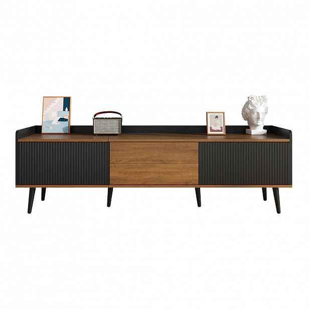 OKWISH TV stolek 160/39/49,5 cm černá a přírodní z MDF a dřevotřísky s trojitými dvířky a ochranou proti převrácení