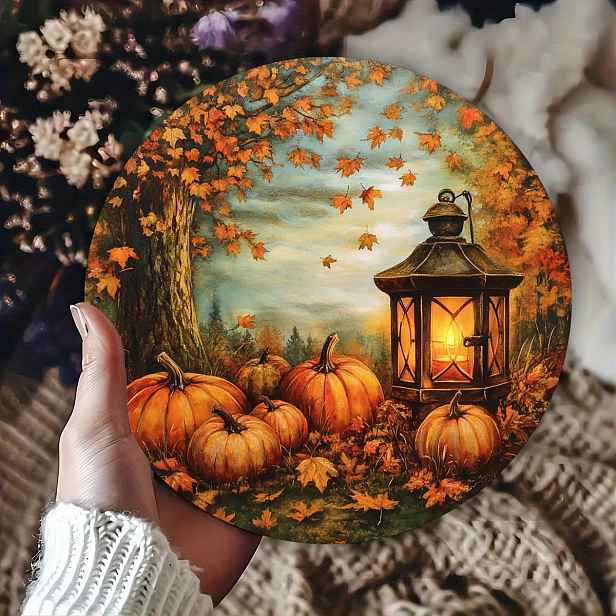 TEMU 2D Plochý, Dřevěný Kruhový Nástěnný Štítek - Retro Venkovský Podzimní Lampion a Dekorace s Teplými Oranžovými/Žlutými/Hnědými Tóny Vhodné pro
