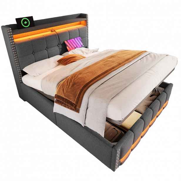 OKWISH ČALOUNĚNÁ postel 160/200 cm šedá z látky s LED osvětlením, USB a úložným prostorem