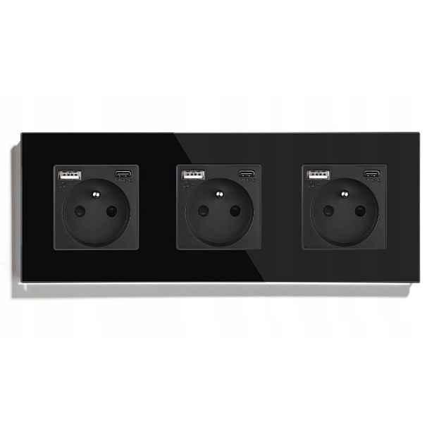 Elektrická Skleněná Zásuvka Trojitá Usb-c Usb A+c Rámeček 228 mm 20 W Qc