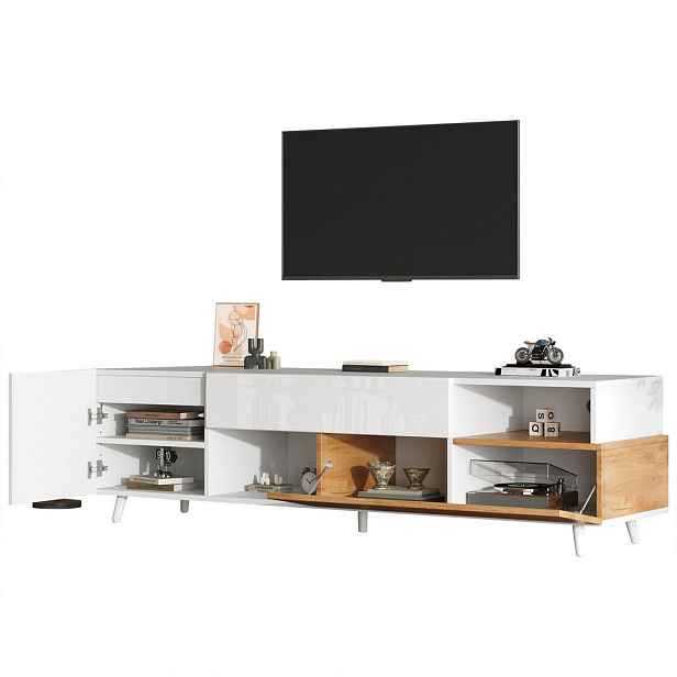 EVRYAE TV STOLEK se 7 úložnými přihrádkami zásuvkou a výklopnými dvířky design ve vysokém lesku 180/38/50 cm