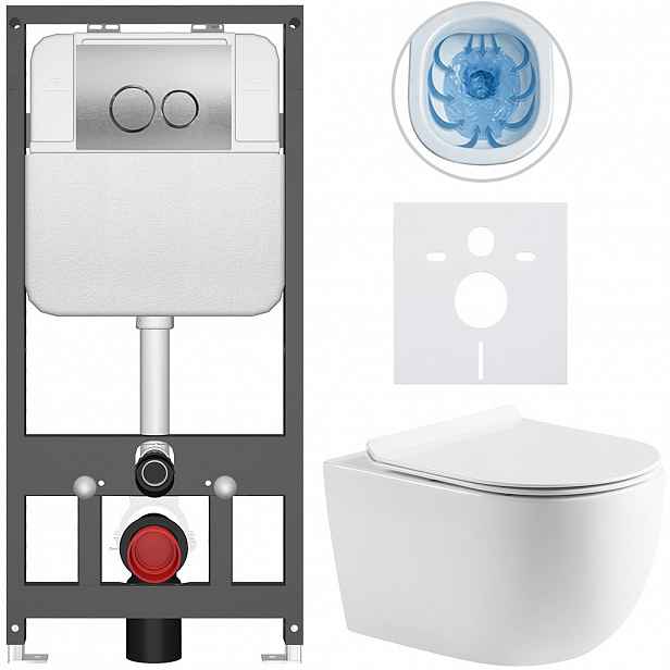 Kompletní WC set Basic/Felci - bílá lesklá - WC tlačítko Dualo/Stříbrná - závěsné - předstěnová instalace - 53x37 cm