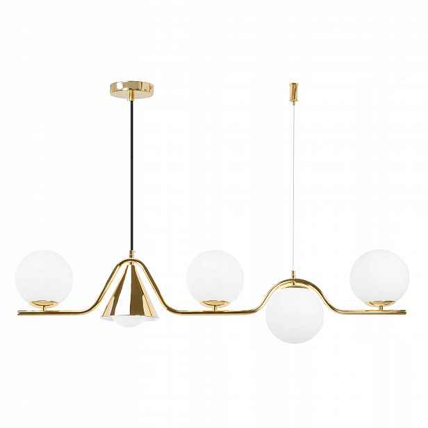 Zlatá závěsná lampa s bílými geometrickými kuličkami, elegantní stropní lustr