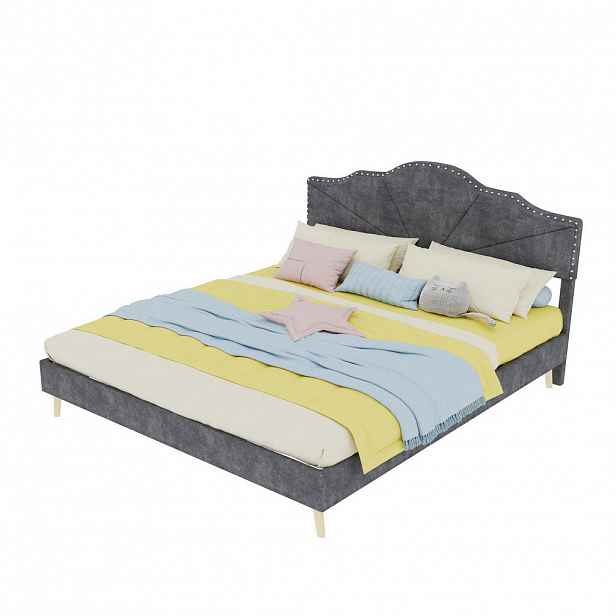 OKWISH POSTEL 160/200 cm šedá z látky a kovu s geometrickým čelem a lamelovým roštem