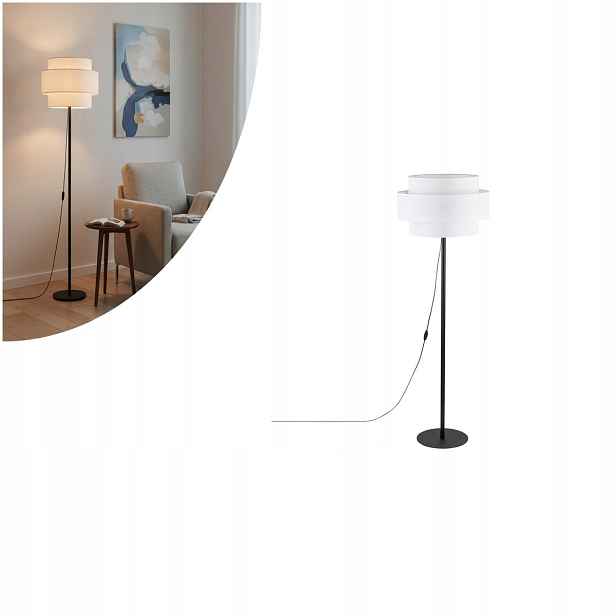 Bílá podlahová lampa Calisto s moderním designem vedle křesla Tk Lighting