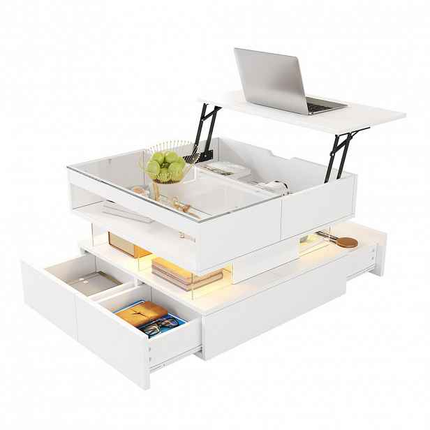 Modfu KONFERENČNÍ stolek z dřevotřísky 70x67x57 cm bílý s výklopnou deskou, LED osvětlením a úložným prostorem