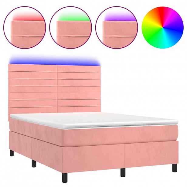 vidaXL Box spring postel s matrací a LED růžová 140x190 cm samet