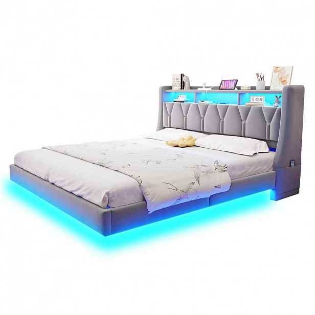 OKWISH ČALOUNĚNÁ postel 180/200 cm světle šedá z sametu s LED osvětlením a úložným čelem