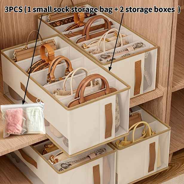 TEMU 3ks skládací úložný box (s přepážkou) (2 úložné boxy + 1 úložný sáček na ponožky) - vyrobeno z tlusté netkané textilie, s průhledným víkem a