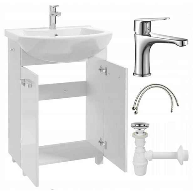 Koupelnová skříňka s umyvadlem a baterií a sifonem 60 cm stojící, bílý lesk