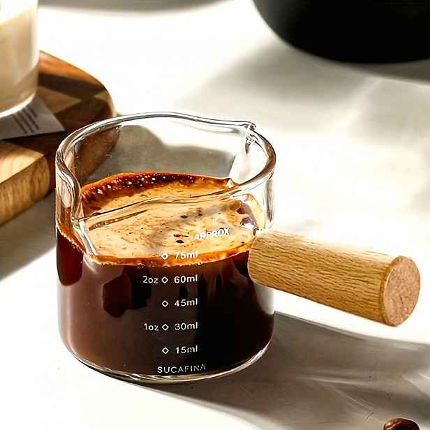 TEMU SHAON Dvojitý výlevkový skleněný šálek na espresso s dřevěnou rukojetí, 3,5 oz/100 ml průhledná nádoba na napěnění mléka, vinný pohár,
