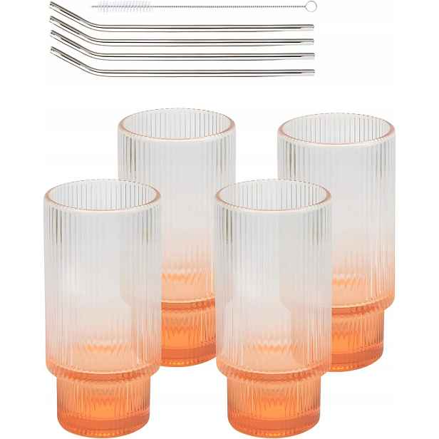 Sklenice 320 ml retro ryhované na nápoje Kovové Brčka 4ks